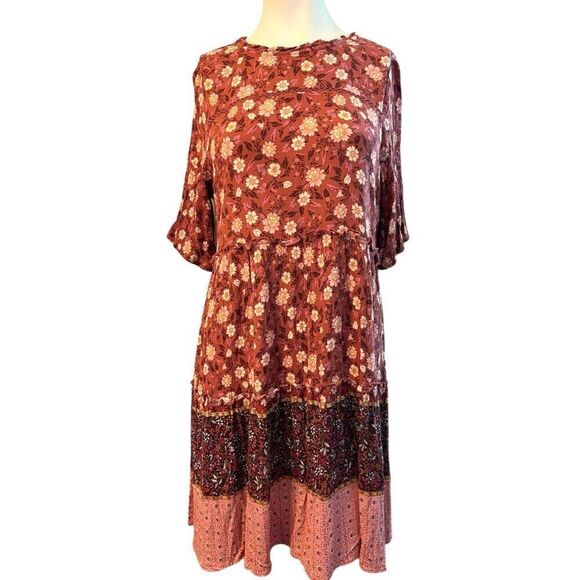 Knox Rose Medium Pink Flowy Ruffled Shift Dress Boho Coastal Cowgirl Layered - Picture 1 of 6